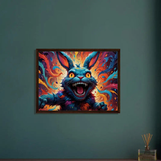 Framed colorful menacing rabbit painting in PixiOnyx Blazing Luxe Frame