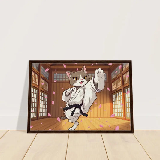Framed cartoon karate cat artwork from PixiOnyx Cherry Blossom Showdown collection