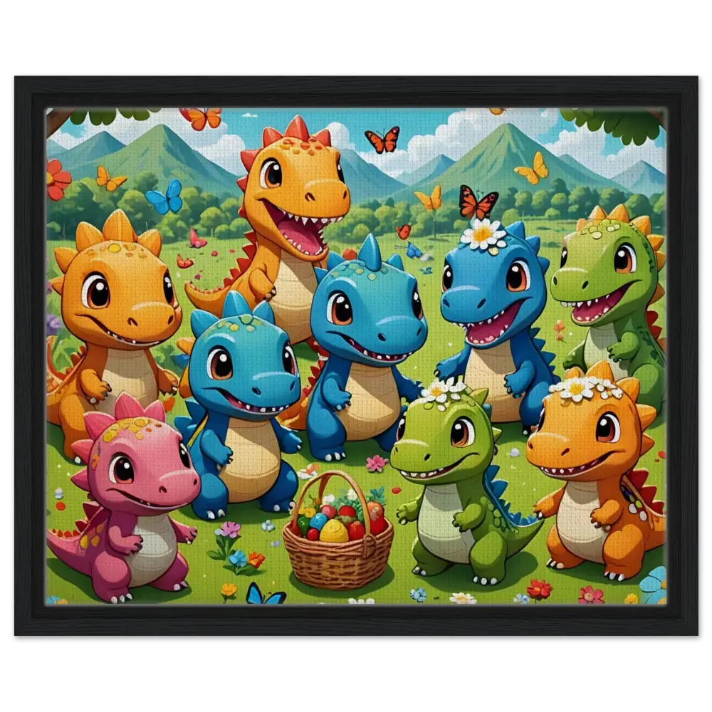 Framed cartoon dinosaurs with Easter basket on PixiOnyx Joyful Jurassic display