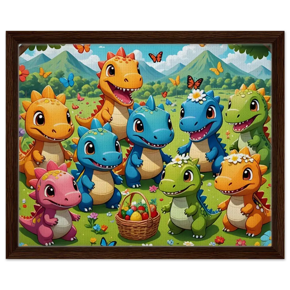 Framed cartoon dinosaur group artwork on canvas for playful Jurassic decor