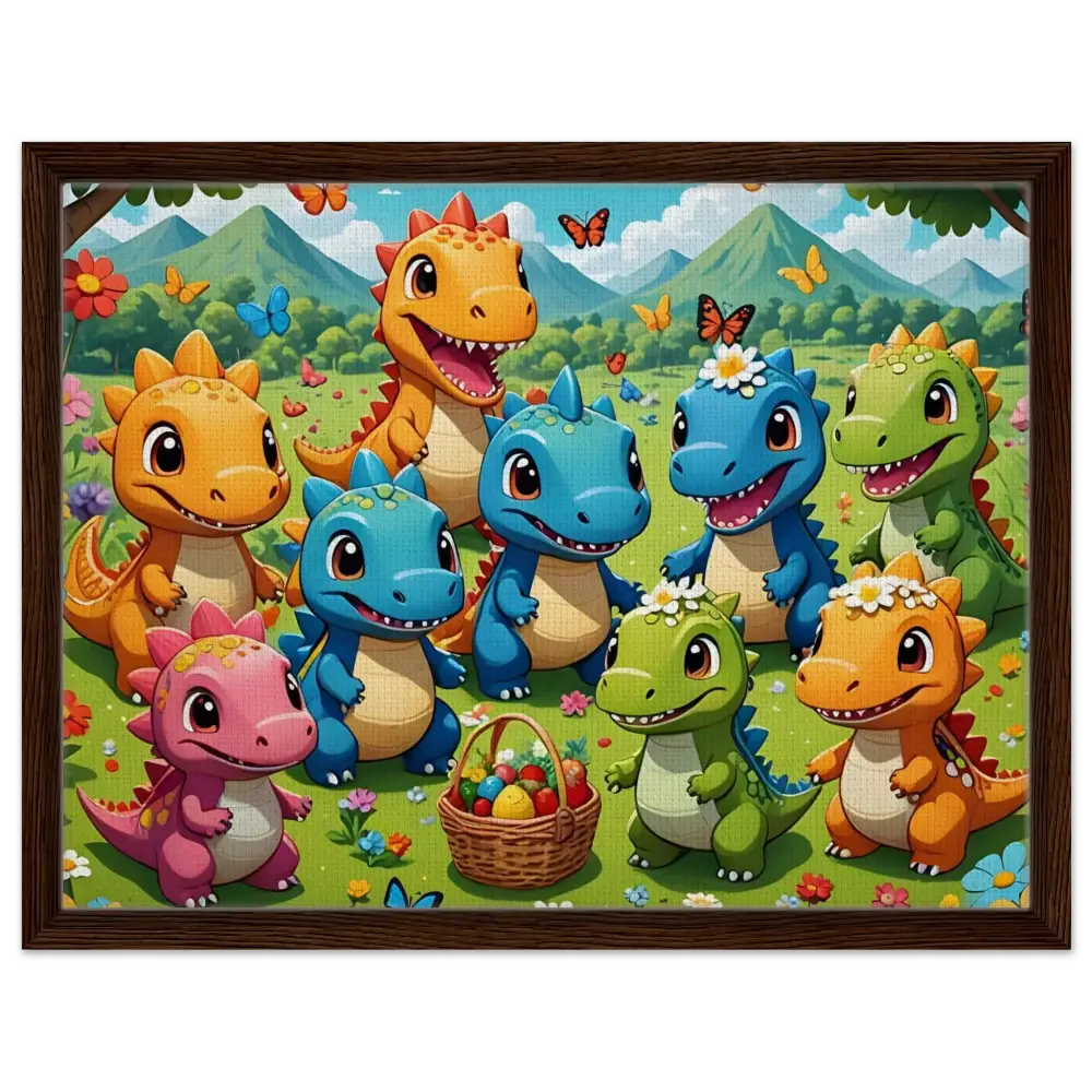 Framed cartoon dinosaur gathering artwork for Kawaii Dinos PixiOnyx Joyful Jurassic Display