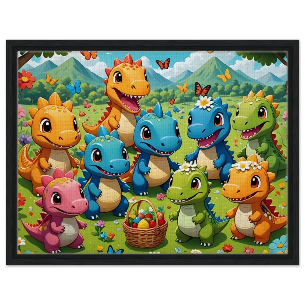 Framed cartoon dinosaurs with Easter basket on Kawaii Dinos PixiOnyx Joyful Jurassic Display