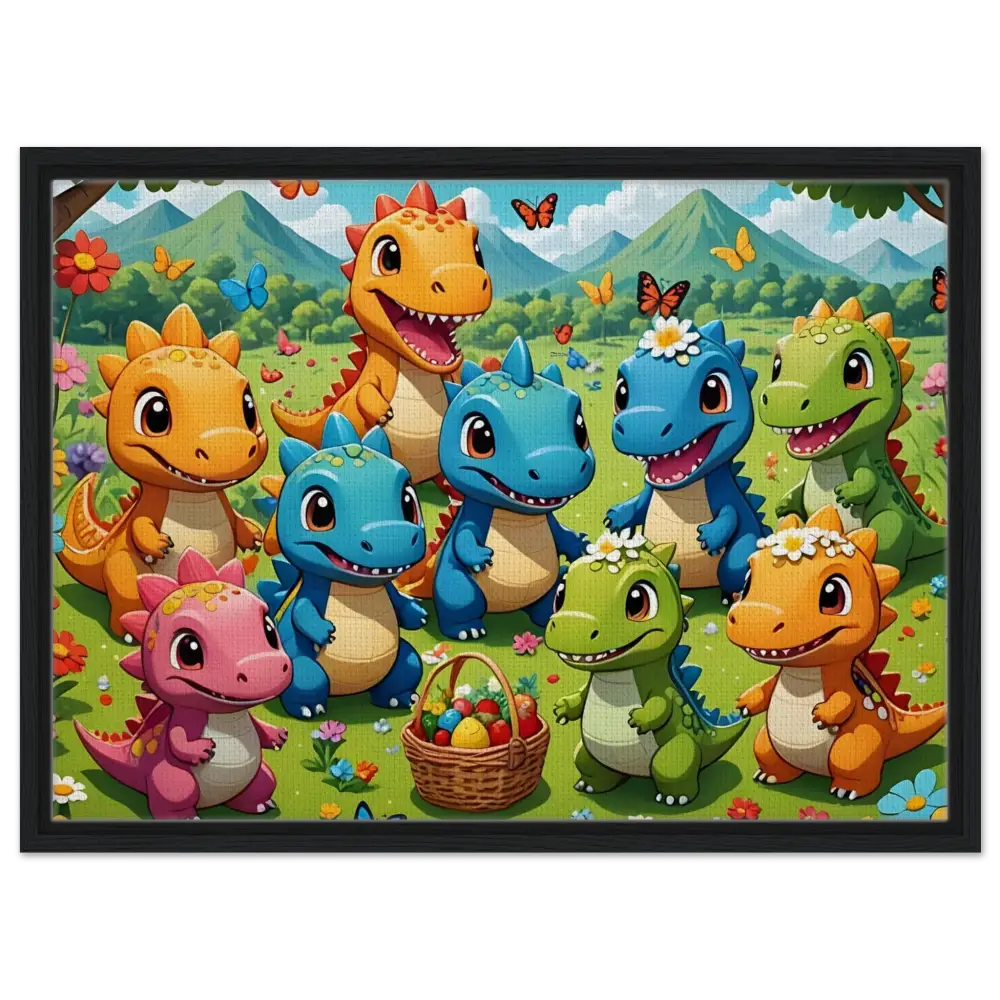 Cartoon dinosaurs with Easter basket on Framed Canvas Kawaii Dinos PixiOnyx Joyful Jurassic