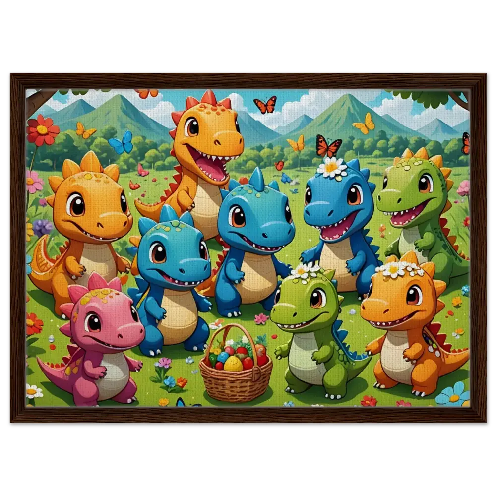 Framed cartoon dinosaurs with Easter basket on PixiOnyx Joyful Jurassic Canvas