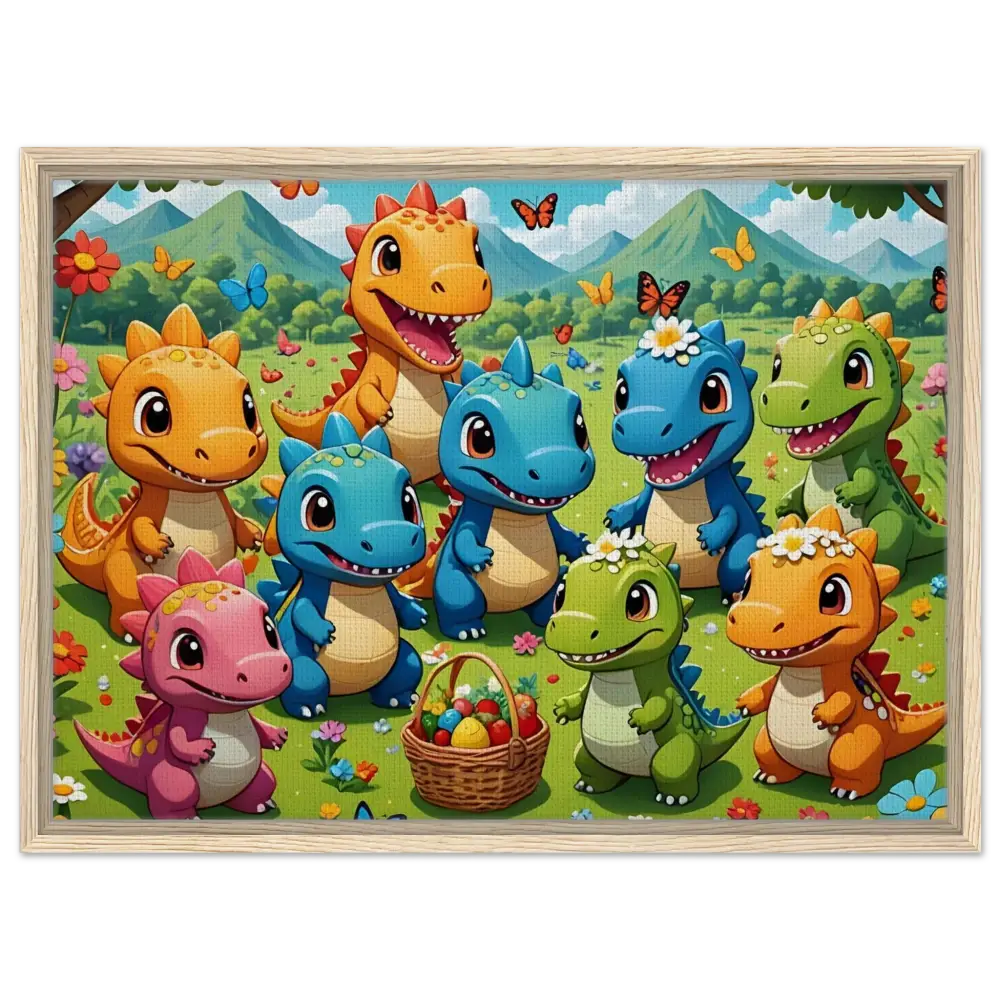 Framed cartoon dinosaur puzzle artwork from PixiOnyx Joyful Jurassic Display