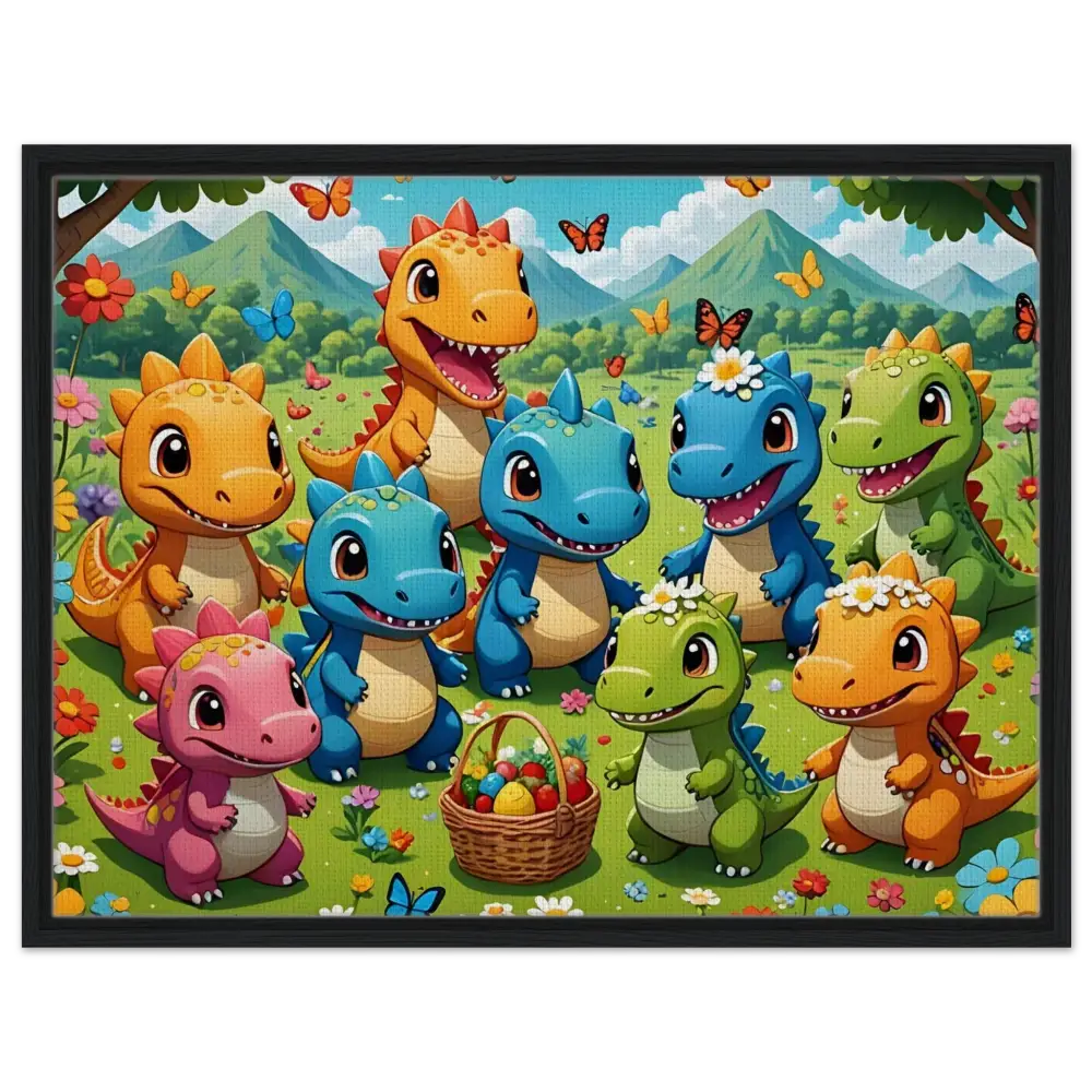 Cute cartoon dinosaurs with Easter basket on framed canvas Kawaii Dinos PixiOnyx