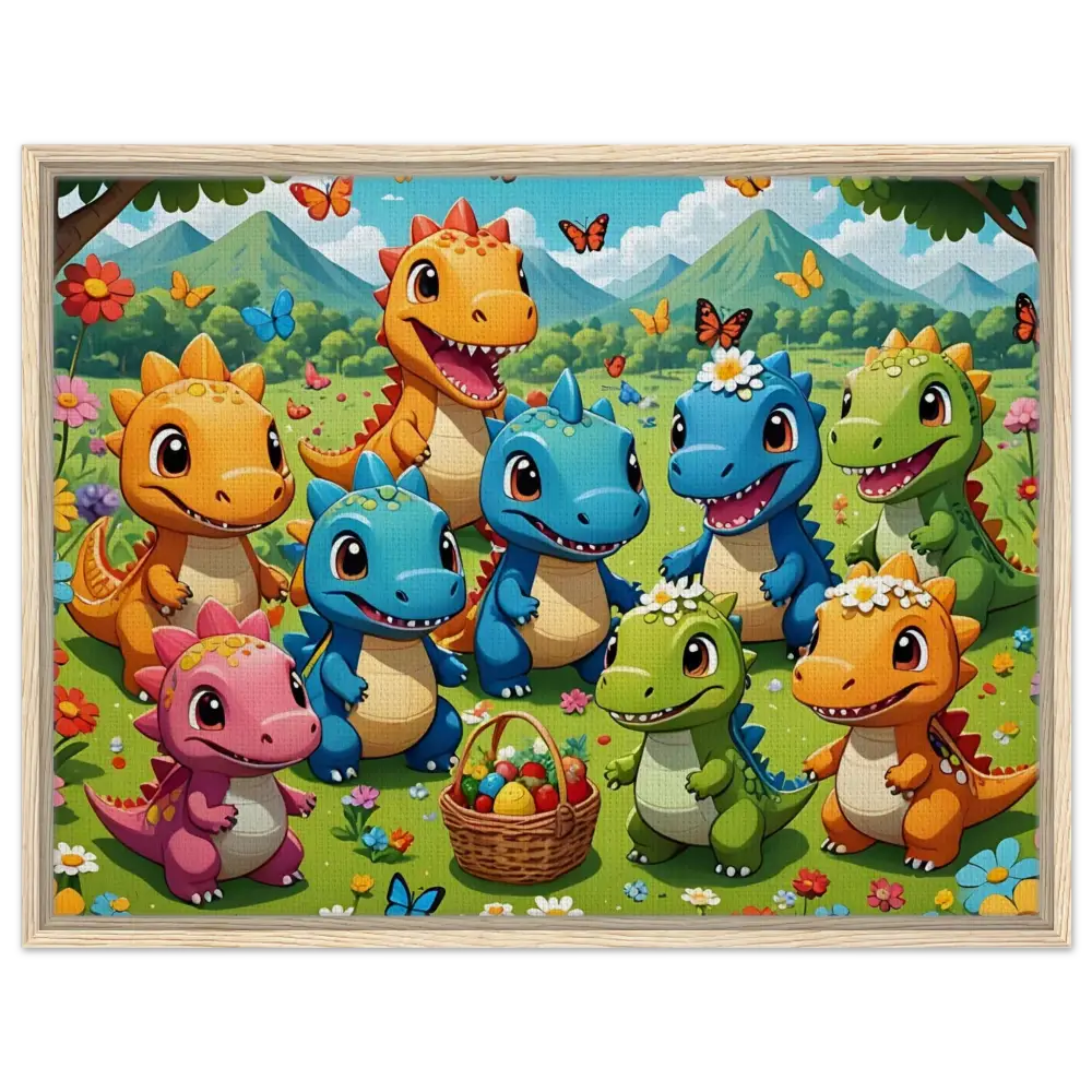 Framed cartoon dinosaurs with Easter basket for Kawaii Dinos PixiOnyx Joyful Jurassic display