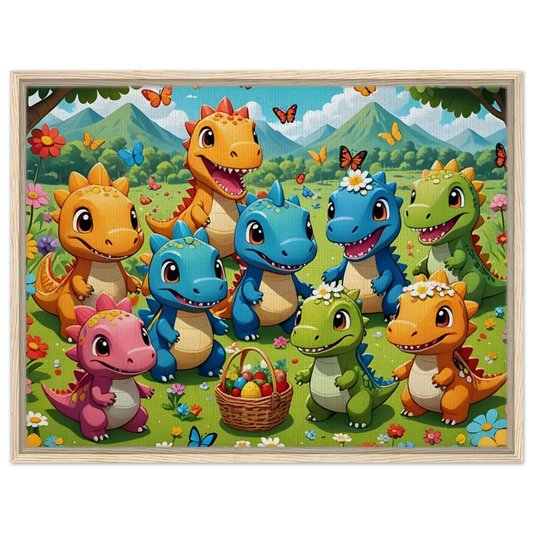 Framed cartoon dinosaurs with Easter basket for Kawaii Dinos PixiOnyx Joyful Jurassic display
