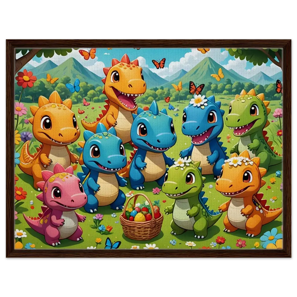 Framed cartoon dinosaurs holding Easter basket for Kawaii Dinos PixiOnyx Joyful Jurassic display