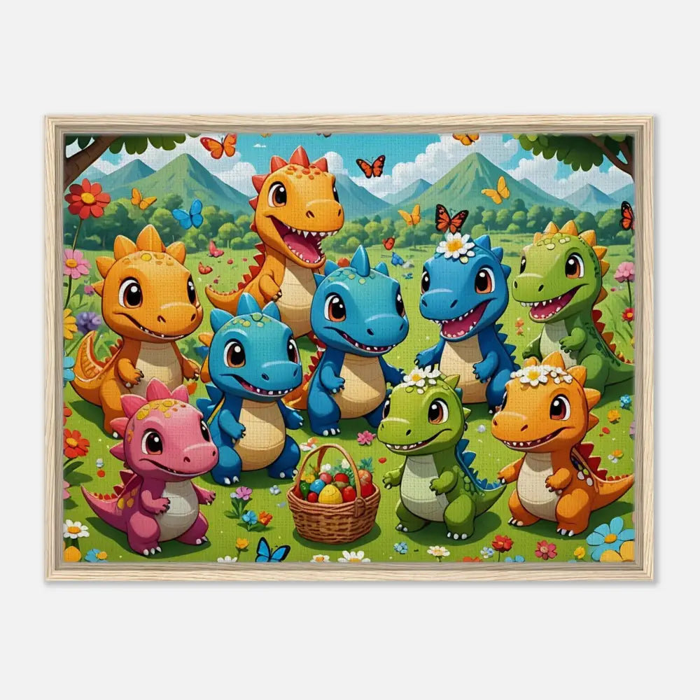 Framed cartoon Dinosaur gathering displayed on PixiOnyx Joyful Jurassic Canvas