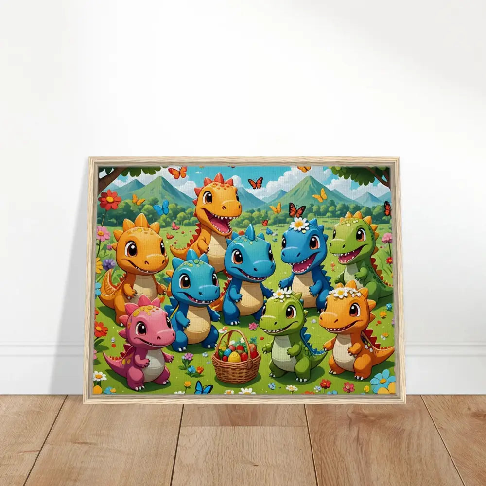 Framed cartoon dinosaur art on canvas in colorful kawaii style for joyful Jurassic decor