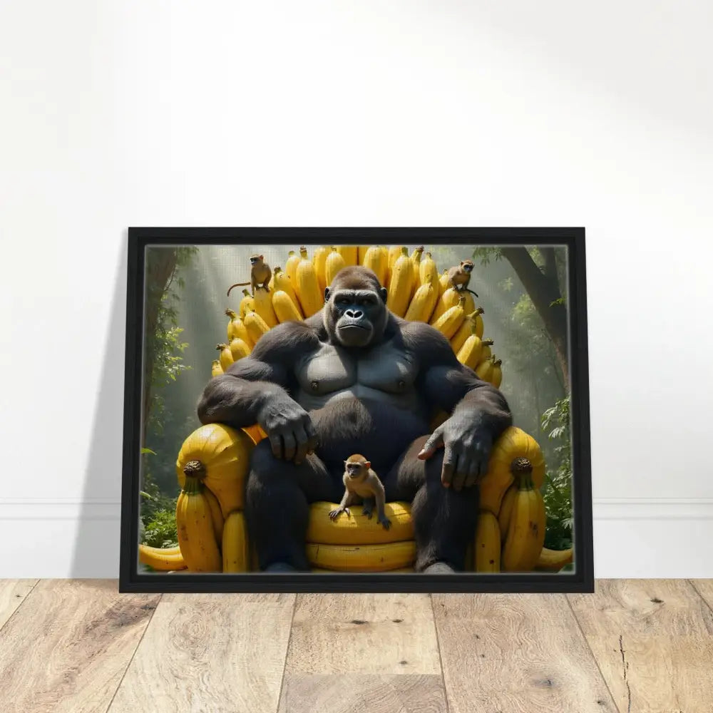 Framed canvas of a gorilla on a banana throne from PixiOnyx Primate Royalty collection