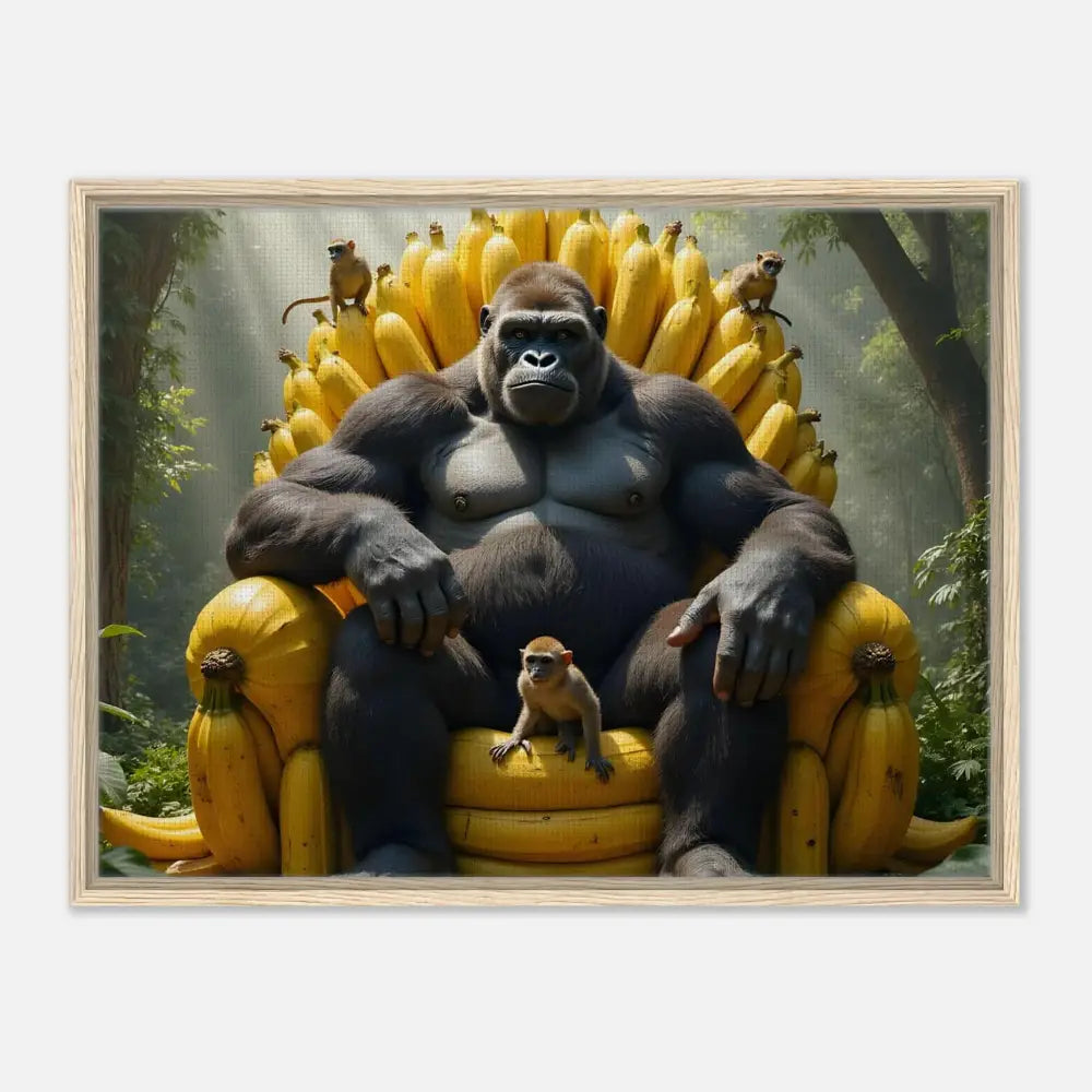 Framed canvas featuring a gorilla seated on a banana throne symbolizing primate royalty