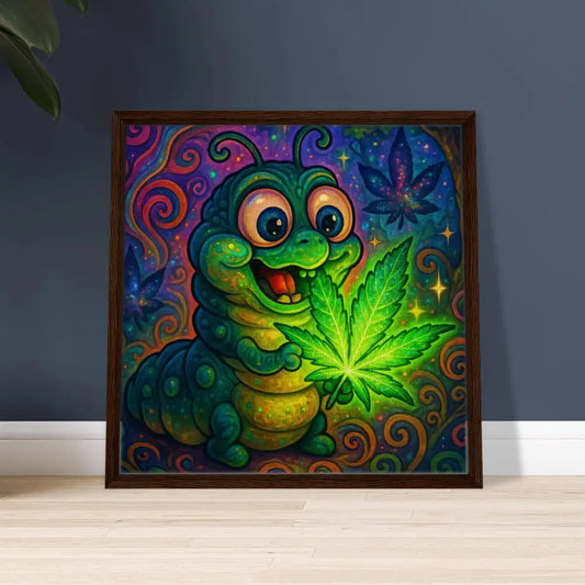 Framed cartoon caterpillar holding marijuana leaf in Trippy Glow Art by PixiOnyx