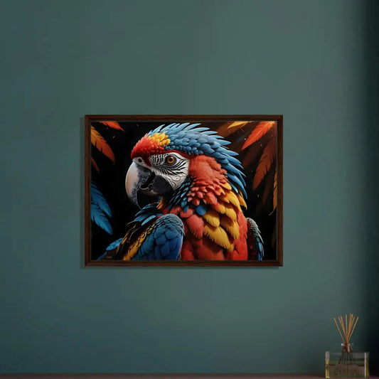 Framed Canvas Macaw Ascendant portrait showcasing vibrant colorful parrot artwork
