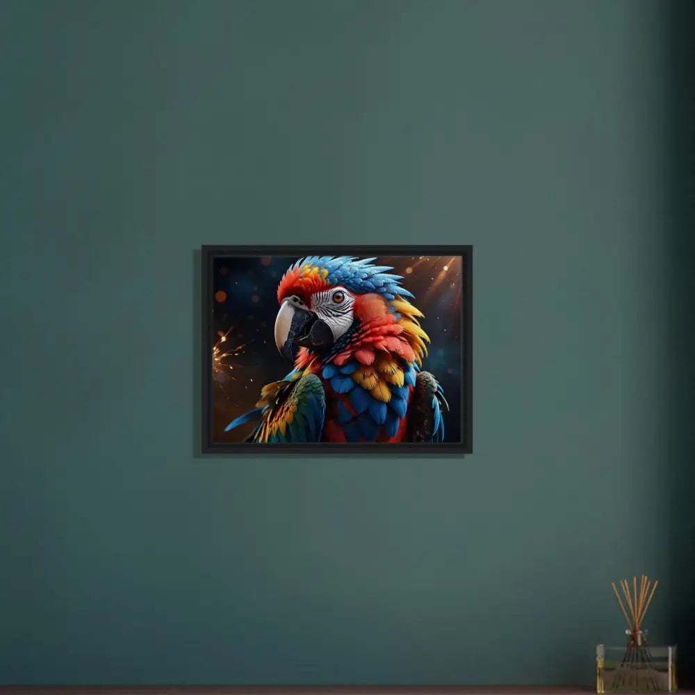 Framed colorful Macaw portrait on canvas for surreal nature wall decor