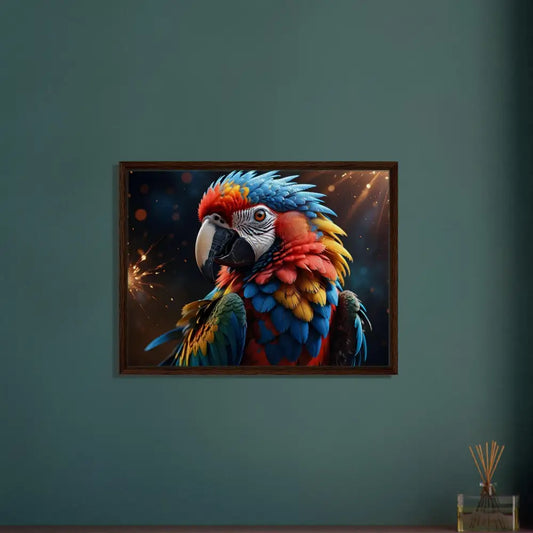 Framed Parrot Artwork on Display in Framed Canvas Macaw Firelight PixiOnyx Surreal Nature