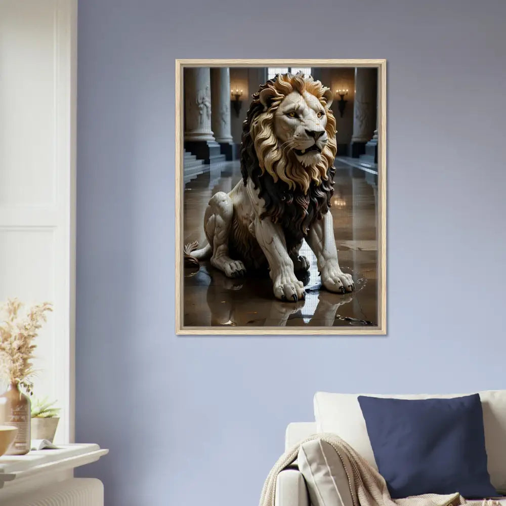 Framed marble lion sculpture print from PixiOnyx Regal Sculpture Series in grand hall style