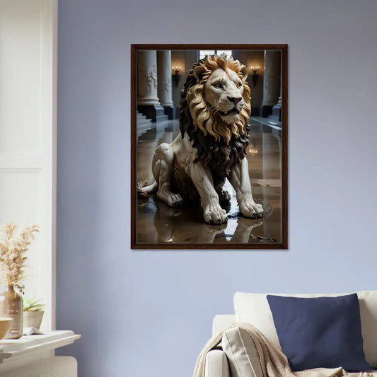 Framed marble lion sculpture art displayed on canvas in PixiOnyx Regal Sculpture Series
