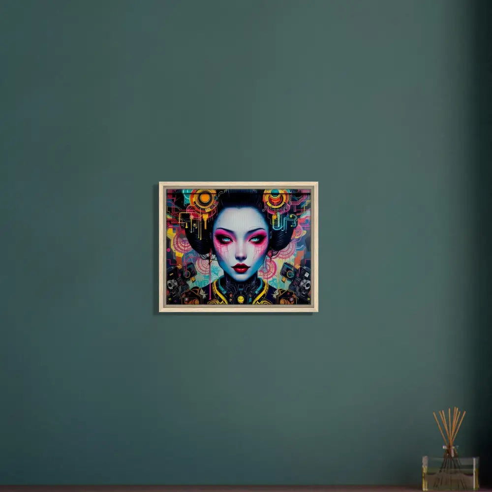 Framed Canvas Mech Shrine Geisha portrait displayed in PixiOnyx Urban Circuit Icon product