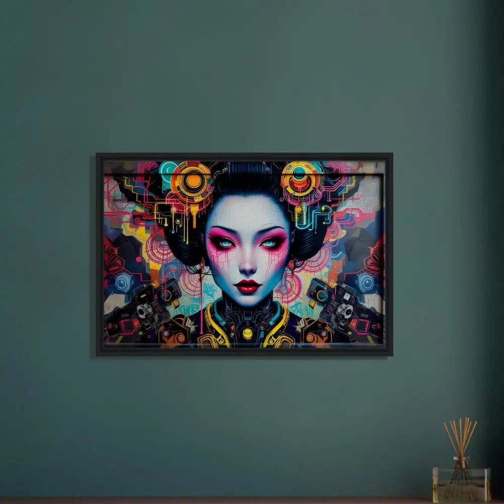 Framed cyberpunk geisha art on canvas in PixiOnyx Urban Circuit Icon product