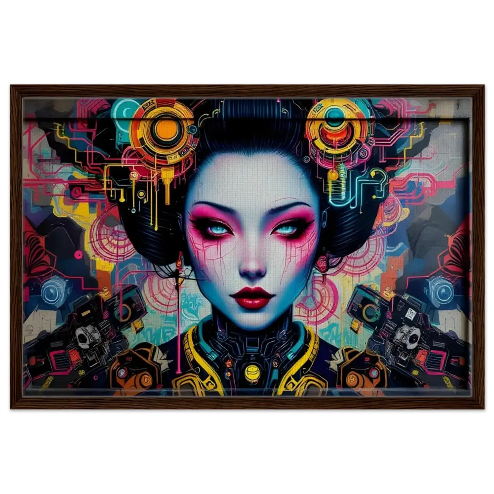 Cyberpunk Geisha portrait on framed canvas artwork featuring Mech Shrine Geisha design