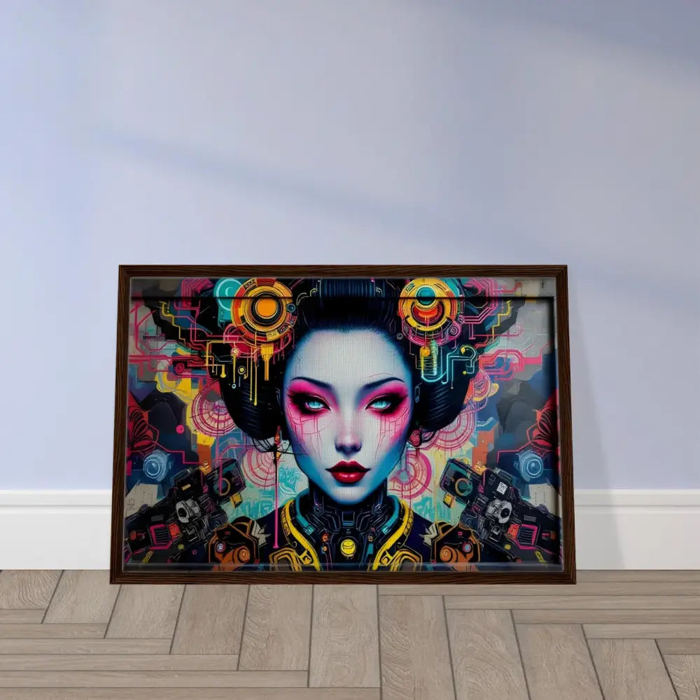 Framed Cyberpunk Geisha artwork on canvas for PixiOnyx Urban Circuit Icon collection