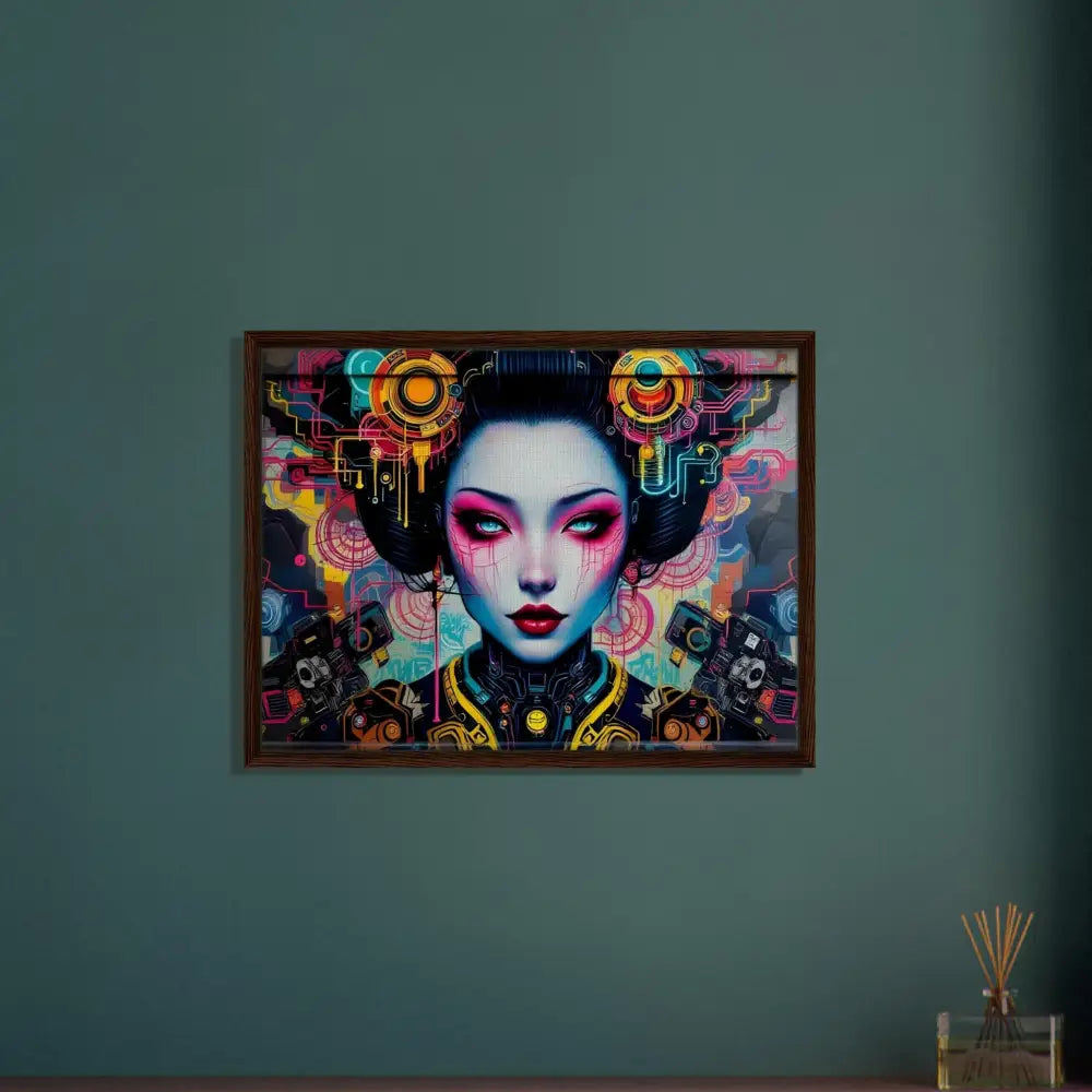Framed cyberpunk geisha artwork displayed on PixiOnyx Urban Circuit Icon canvas