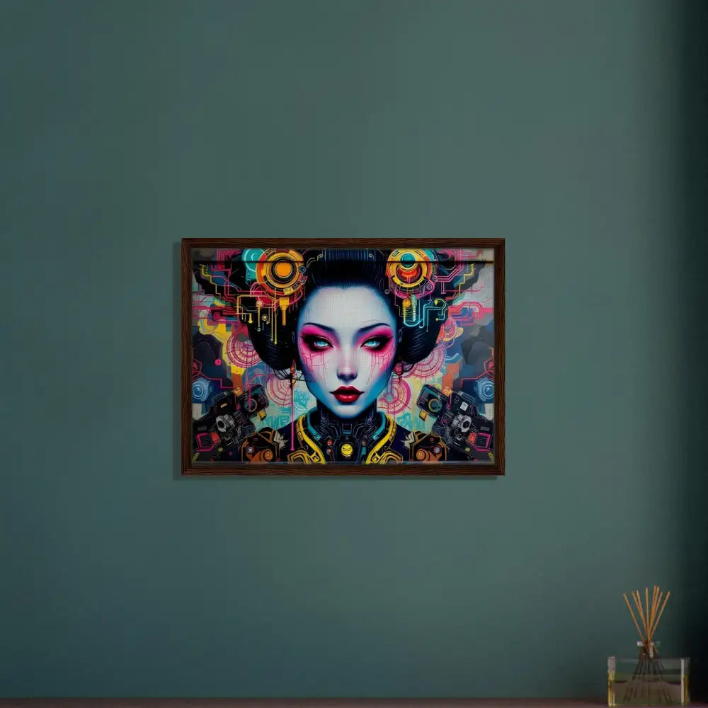 Framed cyberpunk geisha art on canvas for PixiOnyx Urban Circuit Icon Mech Shrine Geisha