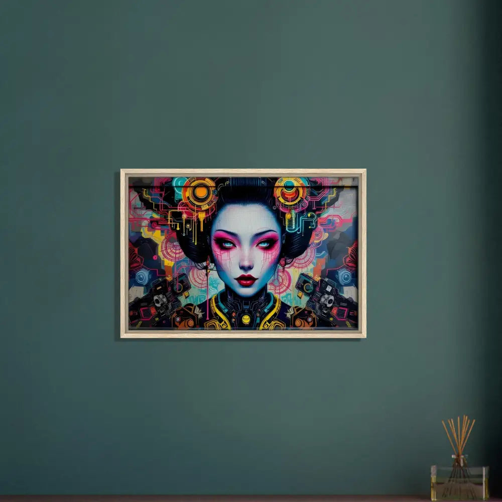 Framed cyberpunk geisha artwork on Mech Shrine Geisha Canvas by PixiOnyx Urban Circuit Icon