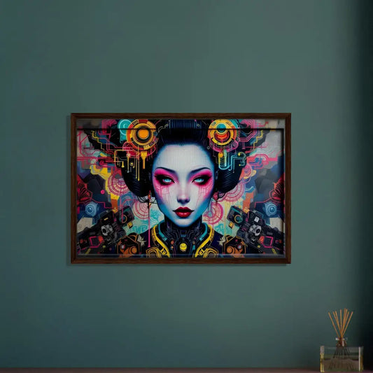 Framed cyberpunk geisha art on canvas titled Mech Shrine Geisha in PixiOnyx Urban Circuit Icon collection