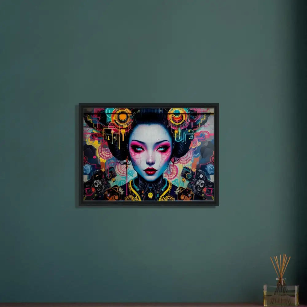 Framed cyberpunk geisha artwork on canvas for PixiOnyx Urban Circuit Icon product