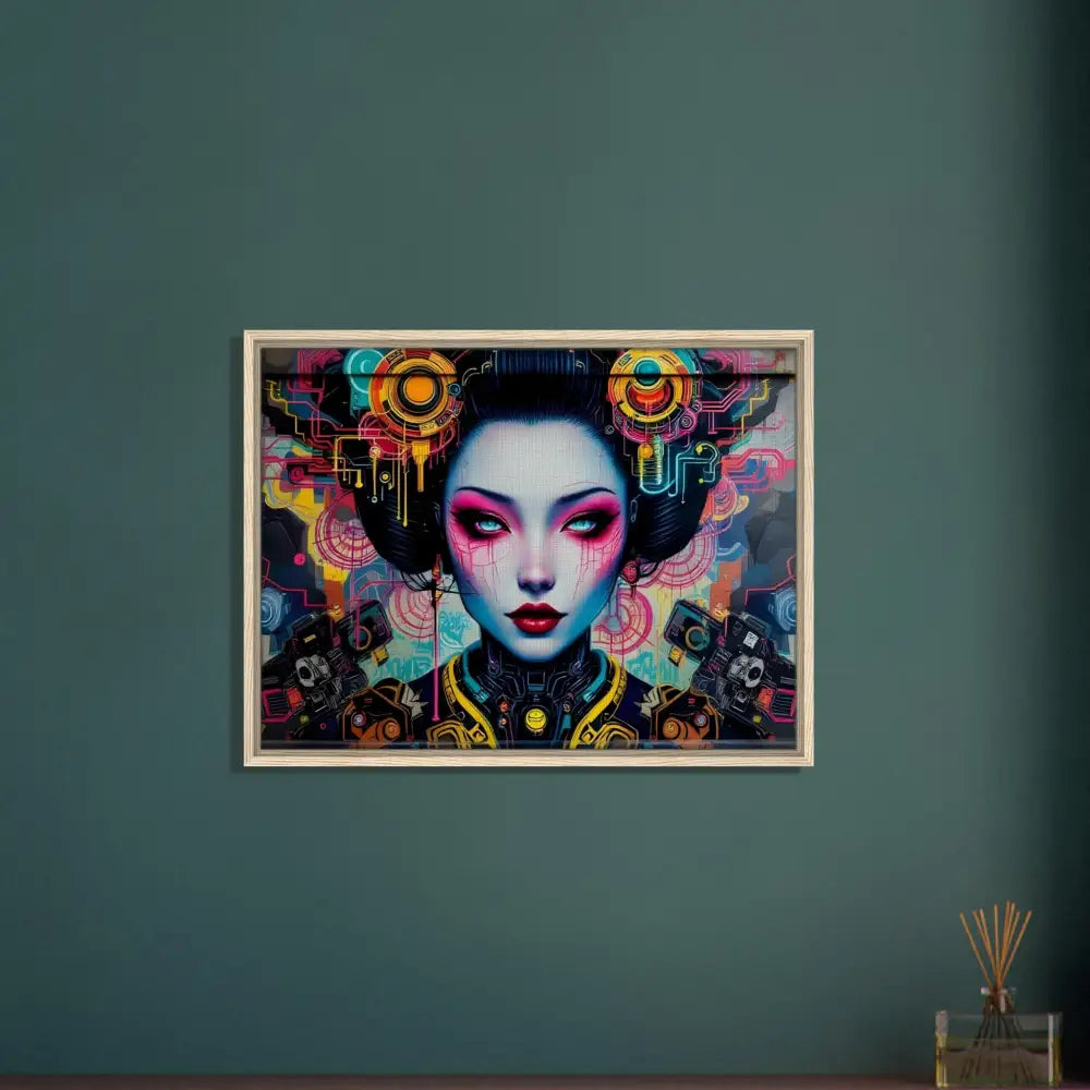Framed cyberpunk geisha art on canvas for PixiOnyx Urban Circuit Icon product