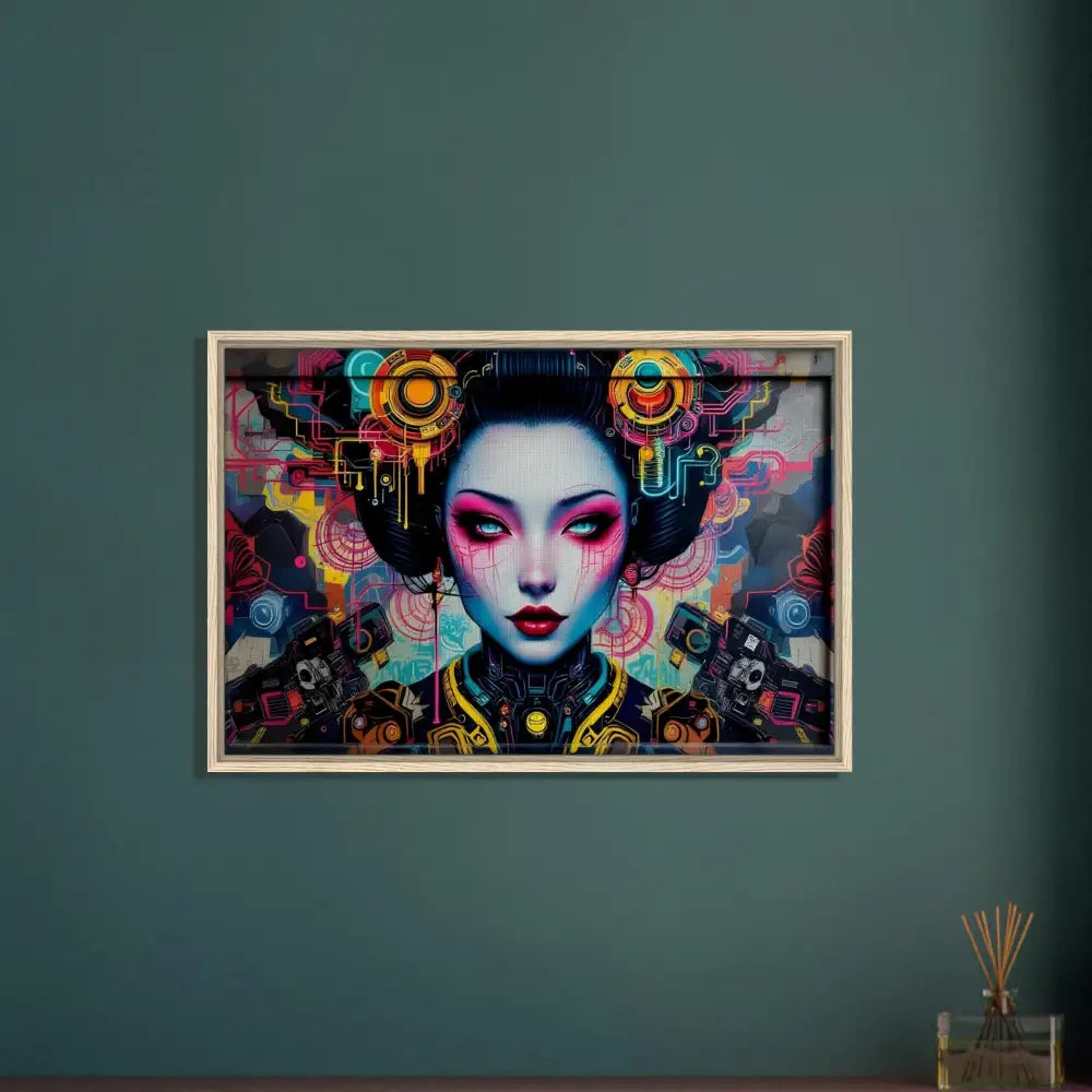 Framed cyberpunk geisha art on canvas in PixiOnyx Urban Circuit Icon product