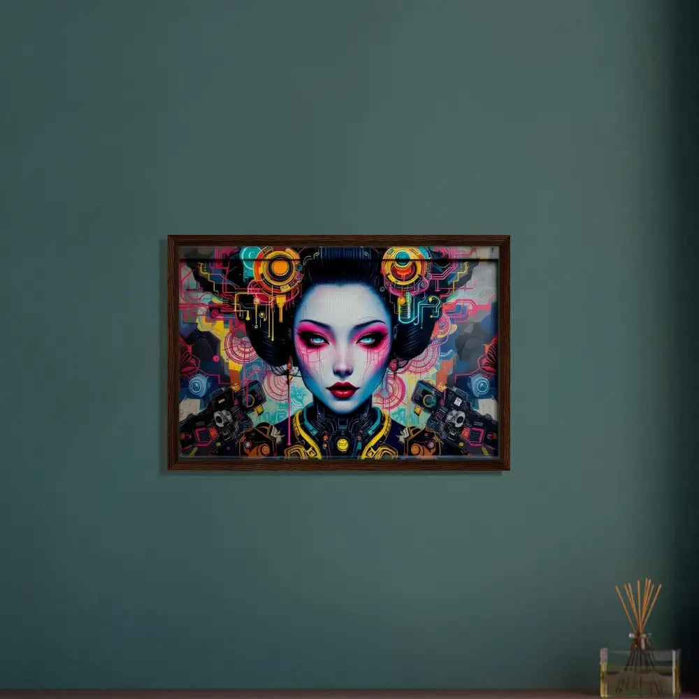 Framed Geisha-inspired digital art on canvas in PixiOnyx Urban Circuit Icon product