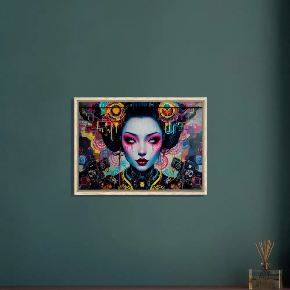 Framed cyberpunk geisha art on canvas in PixiOnyx Urban Circuit Icon product