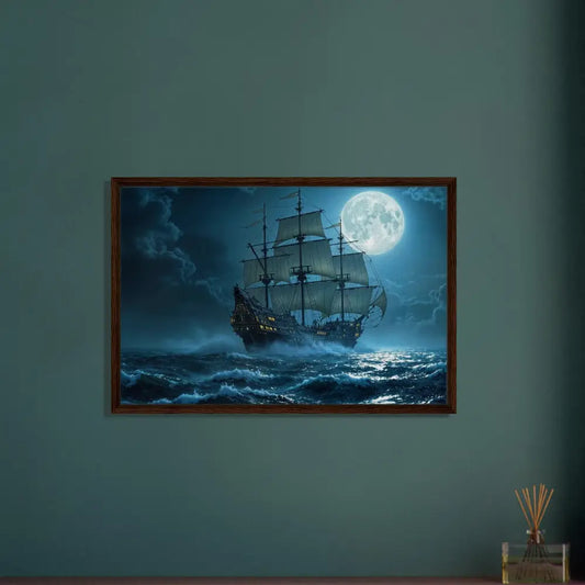 Framed ship painting from PixiOnyx Luxe Nightscape Edition displayed in a modern frame