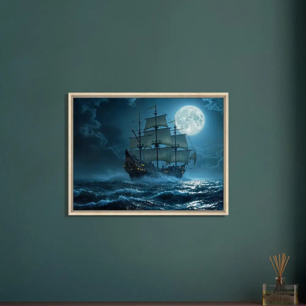 Framed ship painting from PixiOnyx Luxe Nightscape Edition displaying a moonlit seascape