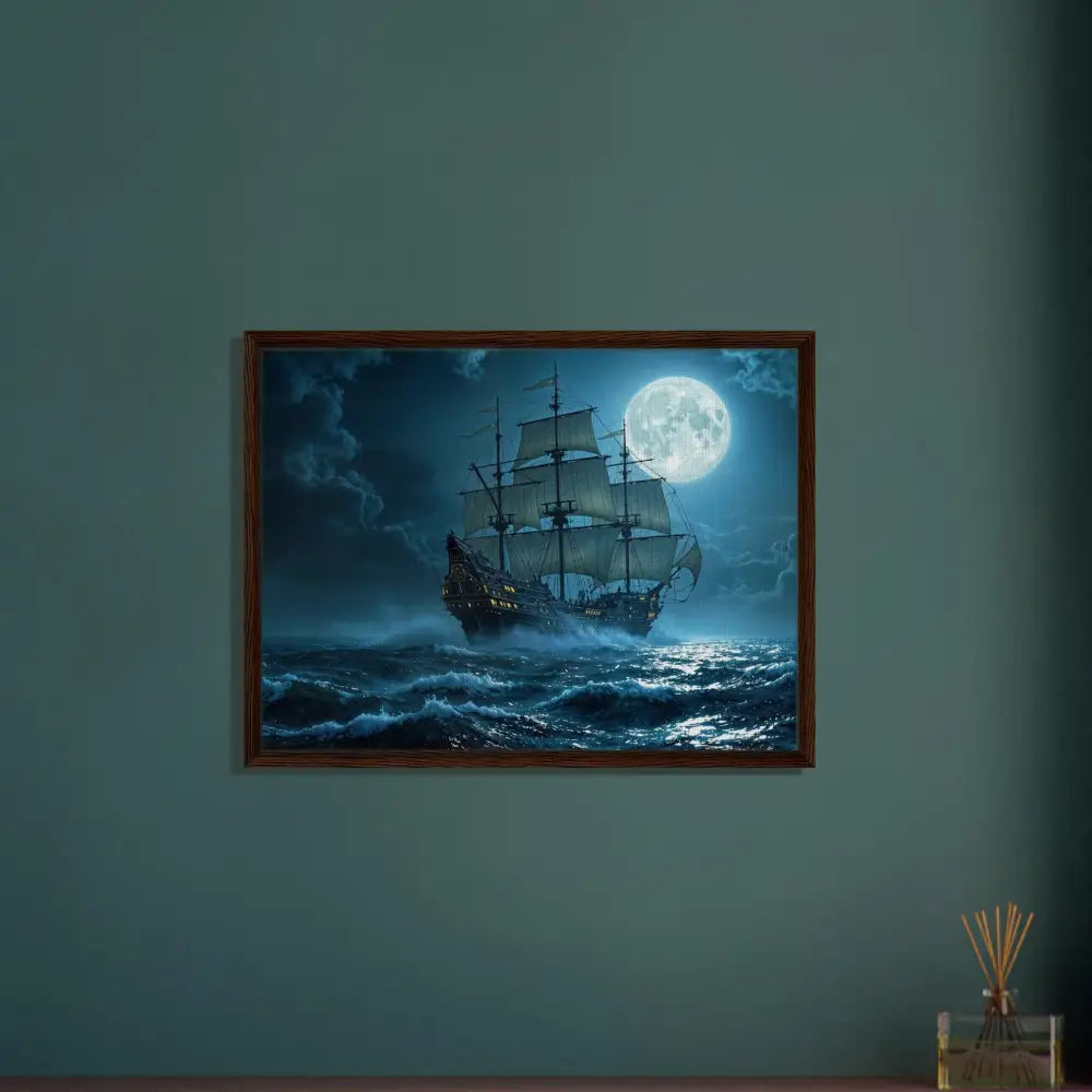 Framed ship painting from PixiOnyx Luxe Nightscape Edition displayed on wall