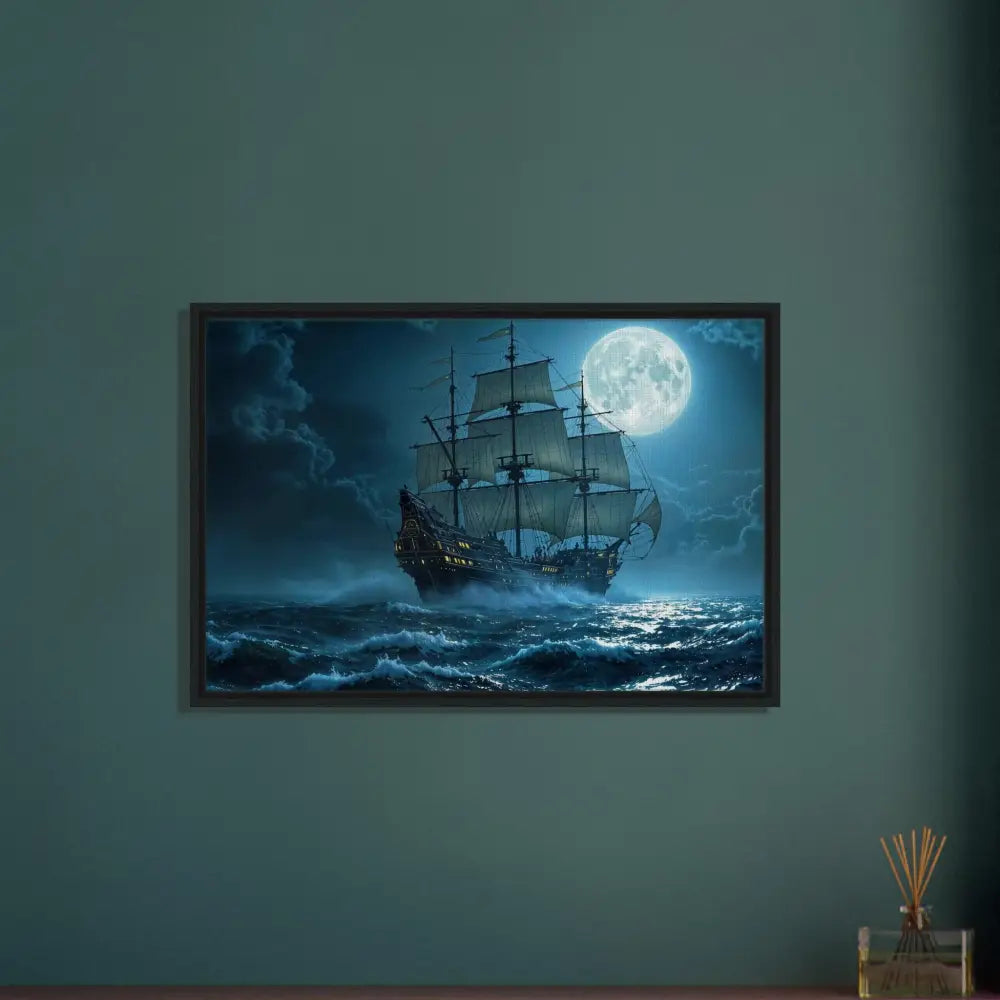 Framed ship painting from PixiOnyx Luxe Nightscape Edition displayed in elegant wall decor