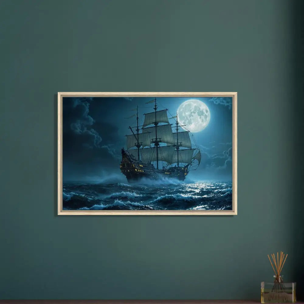 Framed ship painting from PixiOnyx Luxe Nightscape Edition displayed in home decor setting