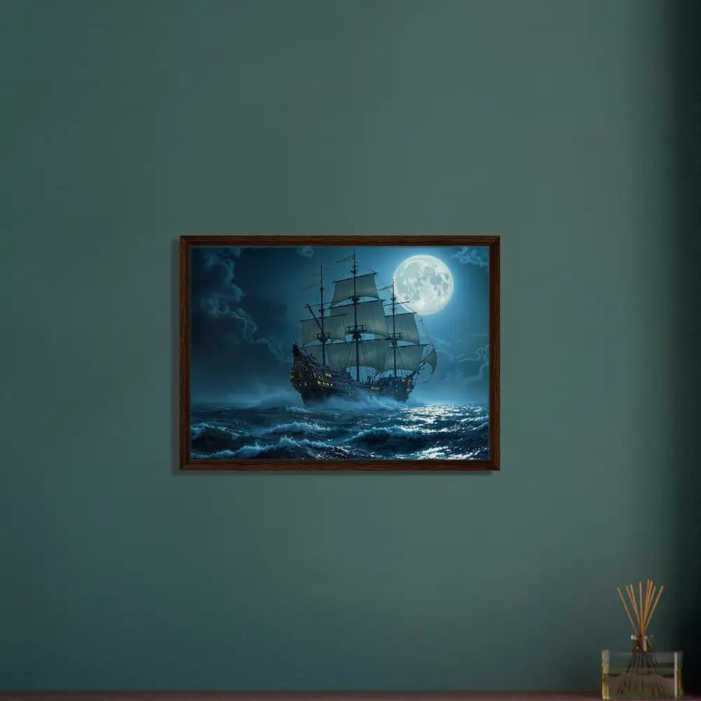 Framed ship painting on canvas from PixiOnyx Luxe Nightscape Edition displayed in a product setting