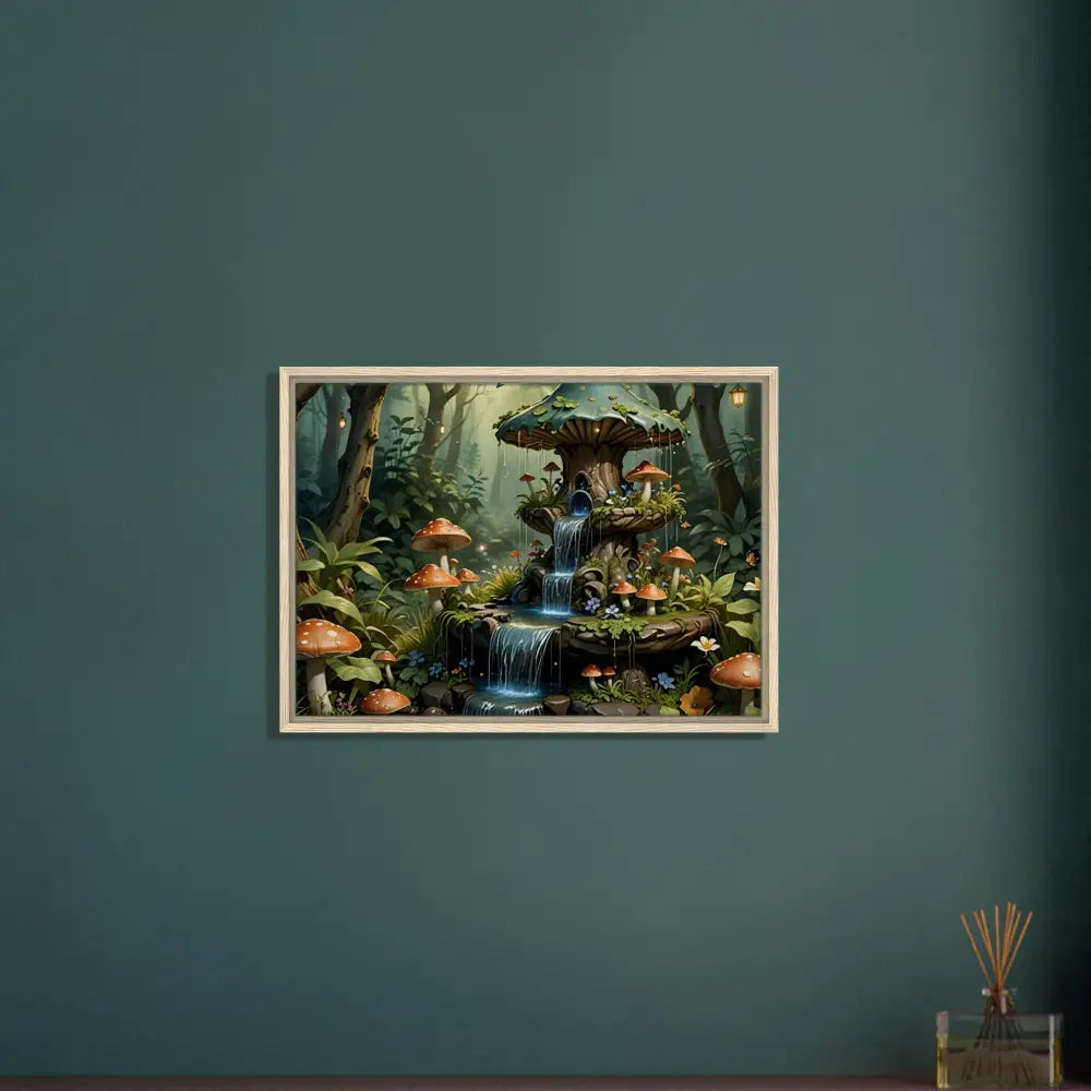 Framed Mushroom Waterfall Artwork on Canvas in PixiOnyx Storybook Statement Piece