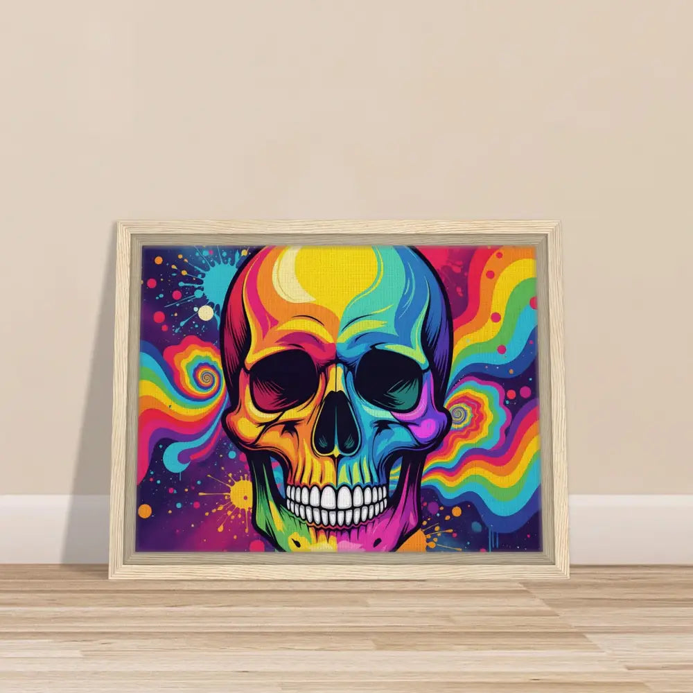 Framed colorful neon psychedelic skull urban art canvas by PixiOnyx