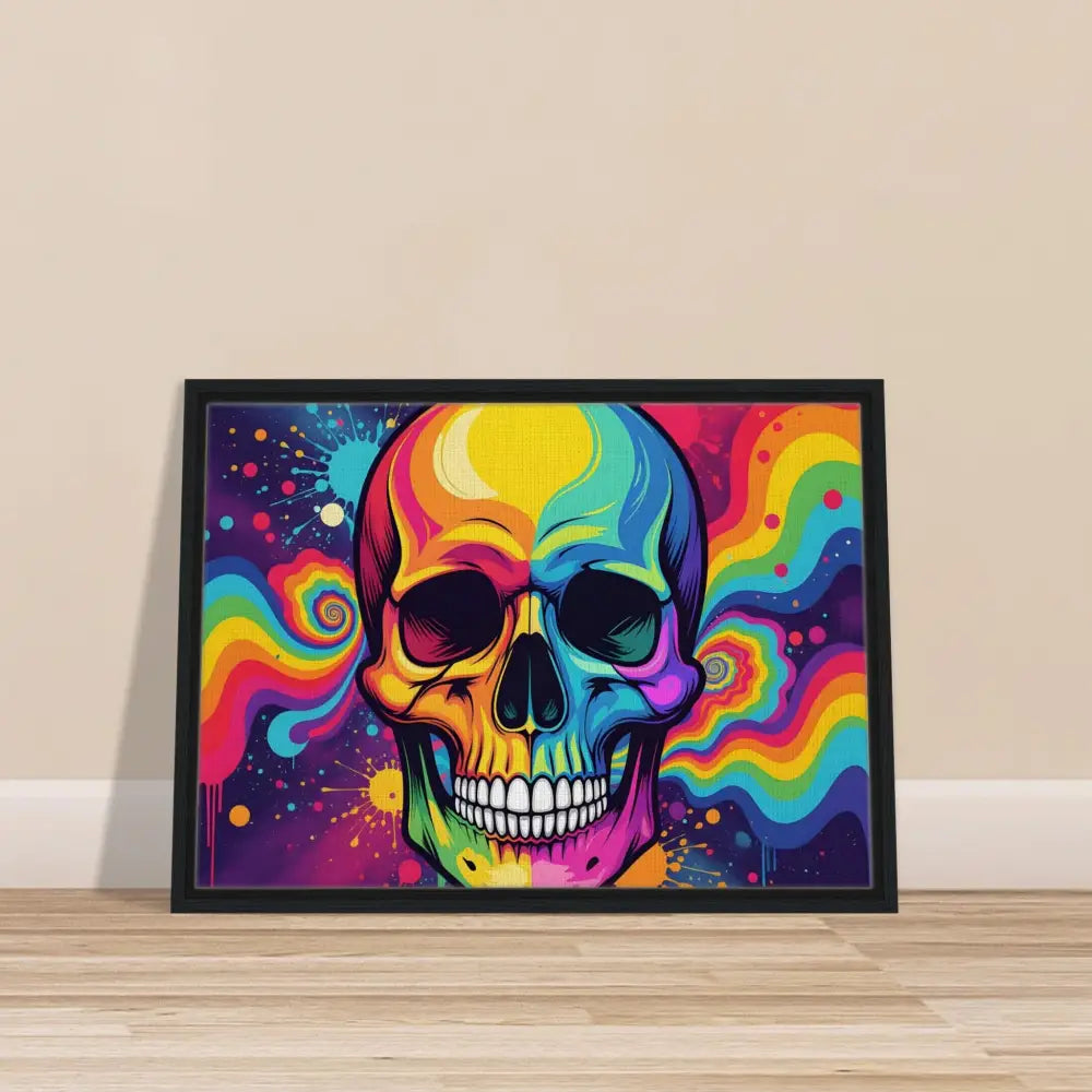 Framed colorful neon psychedelic skull canvas artwork for urban modern wall decor