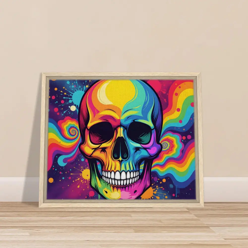 Framed colorful neon psychedelic skull urban art canvas for modern wall decor