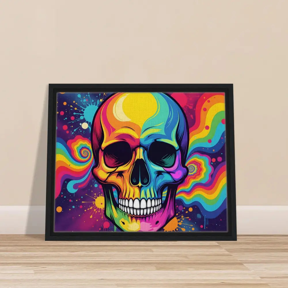 Framed colorful neon psychedelic skull canvas art for urban modern home decor