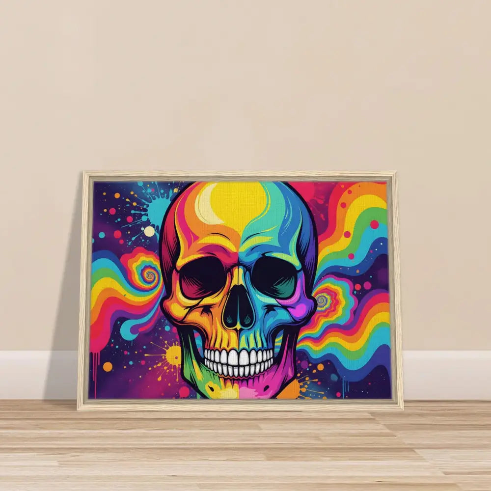 Colorful framed skull art displayed on a canvas in Neon Psychedelic Skull urban wall decor