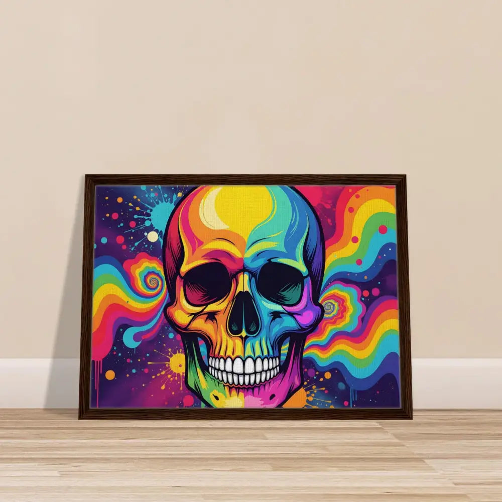 Framed colorful skull art on canvas in Neon Psychedelic Skull urban art statement