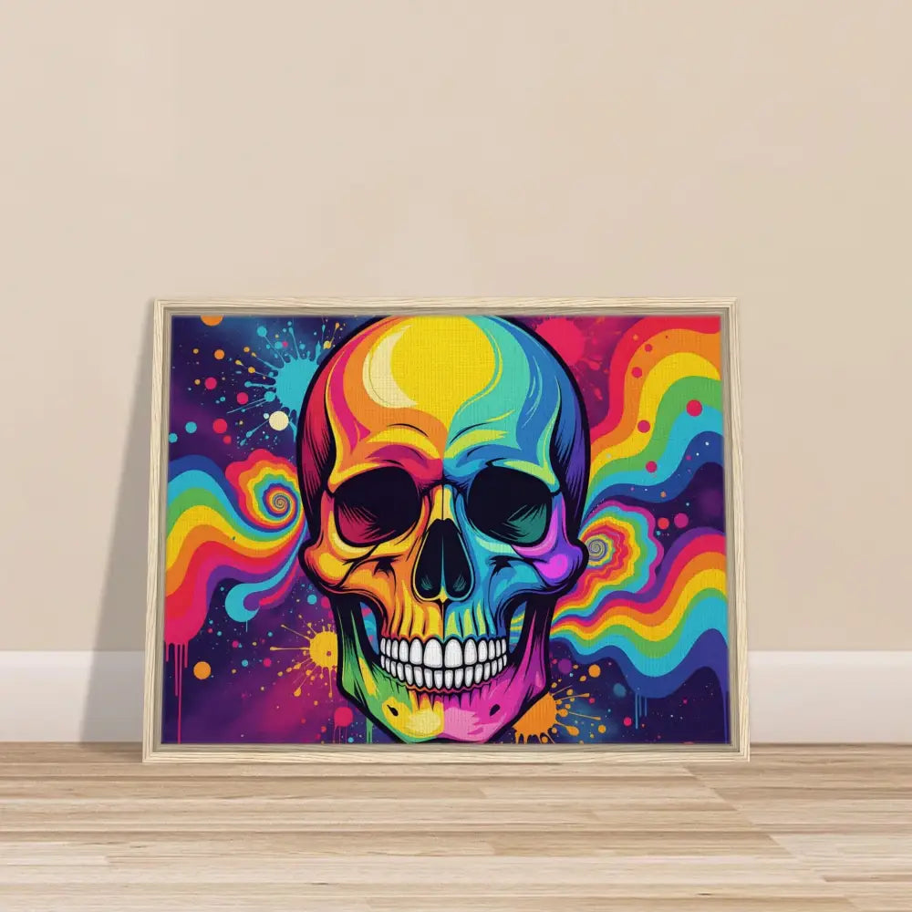 Framed colorful neon psychedelic skull art on canvas for urban modern wall decor
